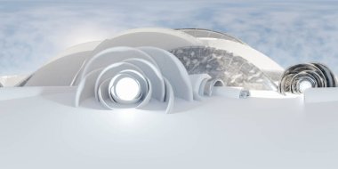 360 degree full panorama environment map of white sphere geometric shape futuristic architecture building interior with sky and sun 3d render illustration. hdri hdr vr virtual reality content modern