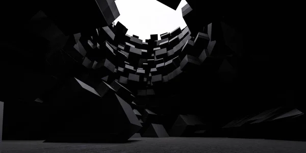 dark cube futuristic abstract building basement tunnel 3d render illustration minimalistic design architecture background wallpaper