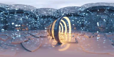 360 degree full panorama environment map of abstract futuristic gate way technology hall studio with blue and yellow lights. 3d render illustration hdri hdr vr virtual reality content modern computer