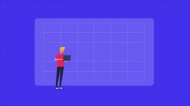 Şirket finansal büyümesini analiz eden karikatür işadamı animasyon konsepti ve dizüstü bilgisayar ekranında başlangıç başarı raporu, 4k video klibi.