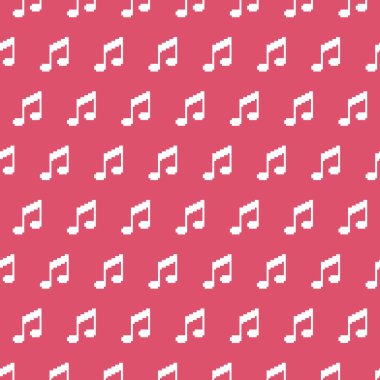 Pembe arka planda soyut beyaz müzik notasının basit vektör pikseli kusursuz deseni