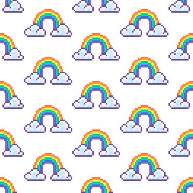 Basit renkli vektör pikseli beyaz zemin üzerinde iki bulut arasında bir gökkuşağı çiziminin kusursuz deseni