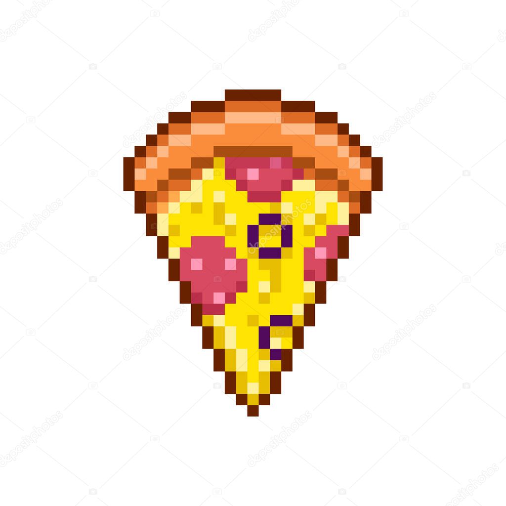 colorful simple flat pixel art illustration of cartoon slice of pizza with sausage, cheese and olives on white background