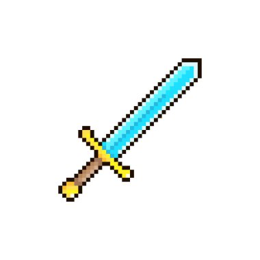 Ortaçağ şövalye kılıcının karikatürünün renkli basit düz pikseli çizimi.