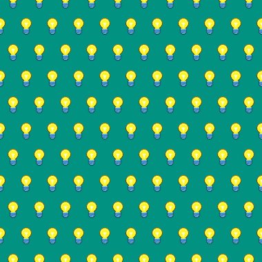 Yeşil zemin üzerinde çizgi film sarı ampullerinin basit vektör pikseli kusursuz deseni