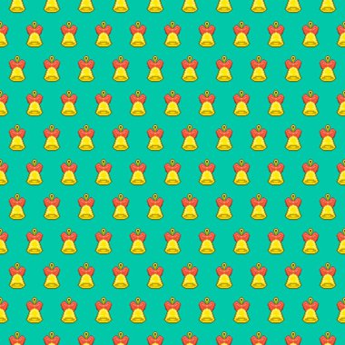 Basit vektör pikseli çizimsiz desen. Yeşil arka planda kırmızı kurdeleli altın Noel çanları.