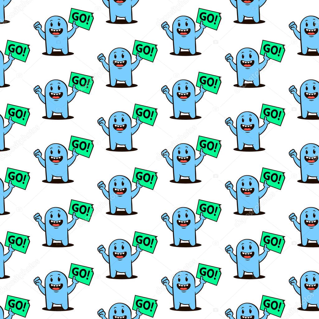 simple vector flat art seamless pattern of blue cartoon character with a poster with the word Go in hand on white background