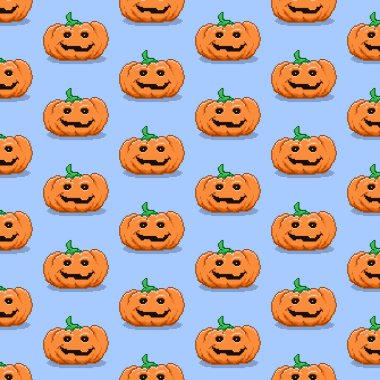 Renkli basit vektör pikseli. Çizgi filmin kusursuz deseni. Geleneksel Cadılar Bayramı balkabağı gülümsemesi.