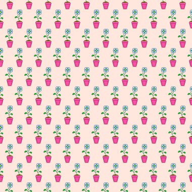 Renkli basit pikseller beyaz papatya çiçeğinin pürüzsüz deseni pembe tencerede pastel bej arka planda retro video oyunları tarzında.