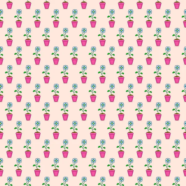 Renkli basit pikseller beyaz papatya çiçeğinin pürüzsüz deseni pembe tencerede pastel bej arka planda retro video oyunları tarzında.