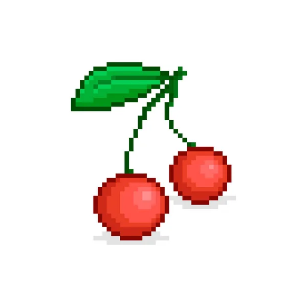 カラフルなシンプルなフラットピクセルアートのイラストは 白い背景に緑の葉を持つ小枝に赤いチェリーの漫画のペア — ストックベクタ