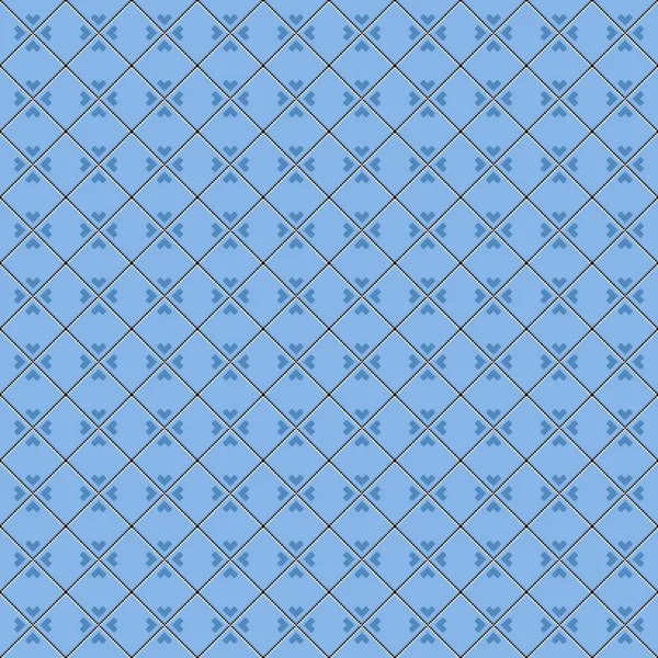 シンプルなベクトルピクセルアートのシームレスなパターンミニマリズムブルーのロンボイドタイルグリッドとハート型 — ストックベクタ