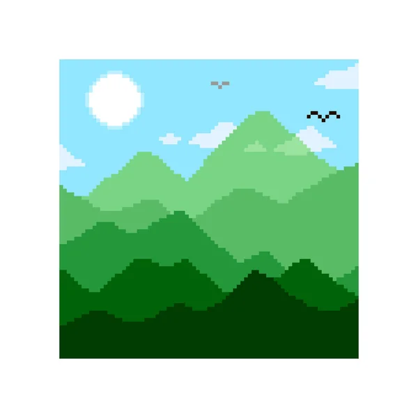 Colorful Simple Vector Pixel Art Illustration Cartoon Mountain Landscape Sun — Stock vektor