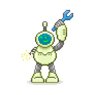 Çizgi filmin renkli basit vektör pikseli çizimi. Bir elinde İngiliz anahtarı olan bir robotun ekranında kafası karışmış.