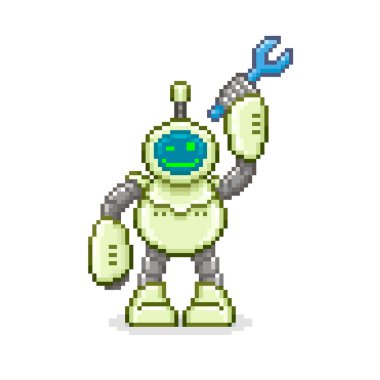 Renkli basit vektör pikseli resim çizimi. Çizgi film gülümseyen yüzü. Kaldırılmış bir el ile ingiliz anahtarı olan bir robotun ekranında.