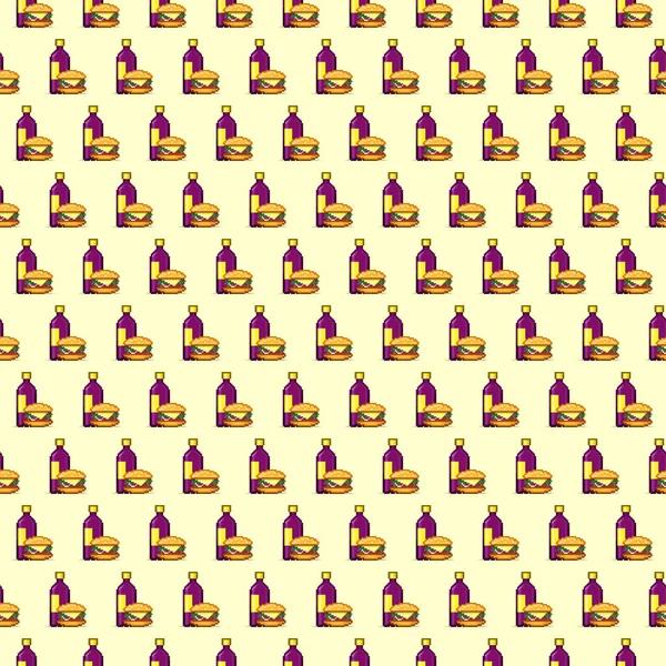 Colorful Simple Vector Pixel Art Seamless Pattern Cartoon Burger Bottle — 图库矢量图片