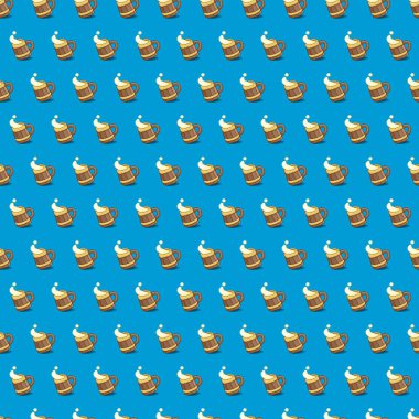 Basit vektör pikseli. Çizgi film el çiziminin kusursuz deseni. Birayla çizilmiş ahşap bardak.