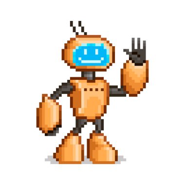 Yüzü yerine ekranı olan kırmızı, gülümseyen antropomorfik robotun renkli basit düz pikselli sanat çizimi