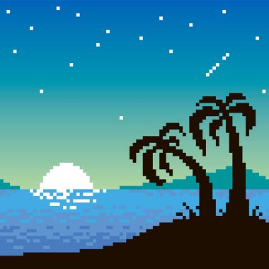 colorful simple vector flat pixel art illustration of cartoon dark silhouette of two palm trees against the background of the sea and a sunset or dawn sky with stars and a shooting star