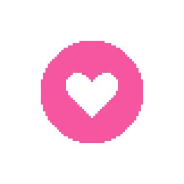 Renkli basit vektör pikseli, içinde beyaz kalp olan pembe yuvarlak resim simgesi