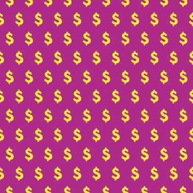 Renkli basit vektör pikseli, pürüzsüz sarı ya da altın dolar sembolü, mor arka planda taşmış.