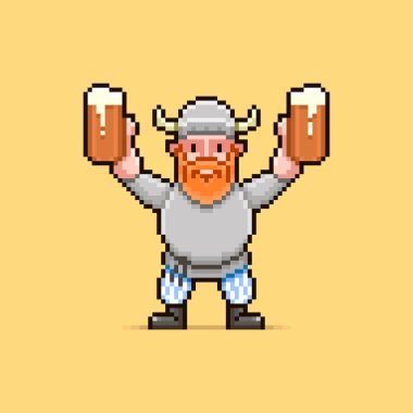 Ellerine köpük dökülen iki kupa birayla viking çizgi filminin renkli basit düz pikselli sanat çizimi