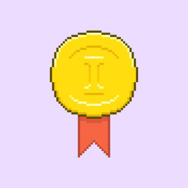 Yuvarlak altın madalyanın ya da kırmızı kurdeleli birincilik rozetinin basit düz pikselli çizimi