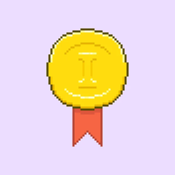 Красочный Простой Плоский Пиксель Иллюстрация Круглой Золотой Медали Первое Место — стоковый вектор