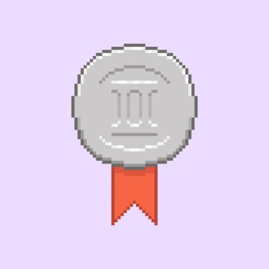 Yuvarlak gümüş madalyanın ya da kırmızı kurdeleli ikincilik rozetinin basit düz pikselli çizimi