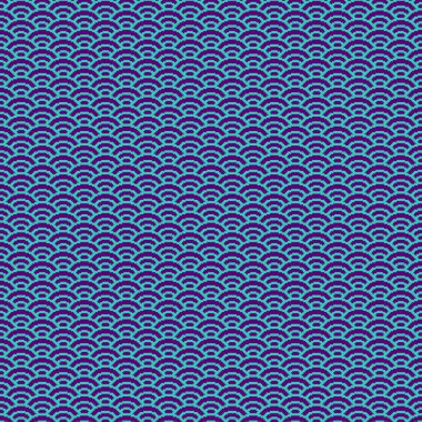 Renkli basit vektör pikseli. Minimalist turkuazın kusursuz deseni ve mor pullu Japon su dalgaları deseni.
