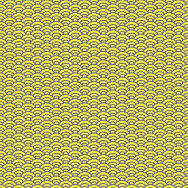 Renkli basit vektör pikseli. Minimalist mavi, mor ve sarı pullu Japon su dalgaları desenli kusursuz desen.