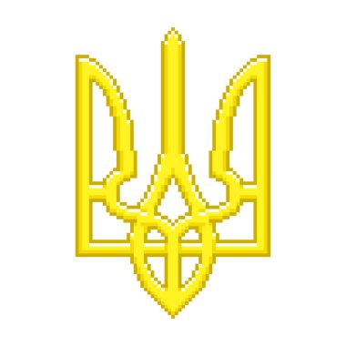 Renkli basit vektör düz pikselli resim Ukrayna 'nın altın armasının çizimi