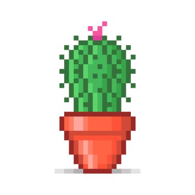 Renkli basit vektör düz pikselli resim çizimi kırmızı bir saksıda çiçek açan yeşil kaktüs