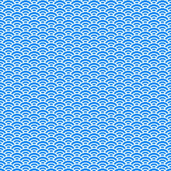 Renkli basit vektör pikseli. Minimalist gök mavisi ve beyaz pullu Japon su dalgaları deseni kusursuz desen.