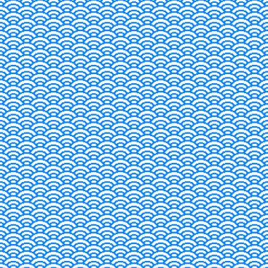 Renkli basit vektör pikseli. Minimalist gök mavisi ve beyaz pullu Japon su dalgaları deseni kusursuz desen.