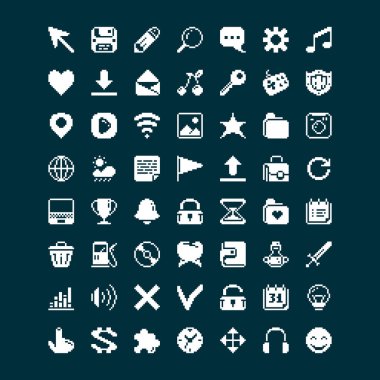 Black and white simple vector 1 bit pixel art set of different icons for mobile applications or websites in the style of old arcade games
