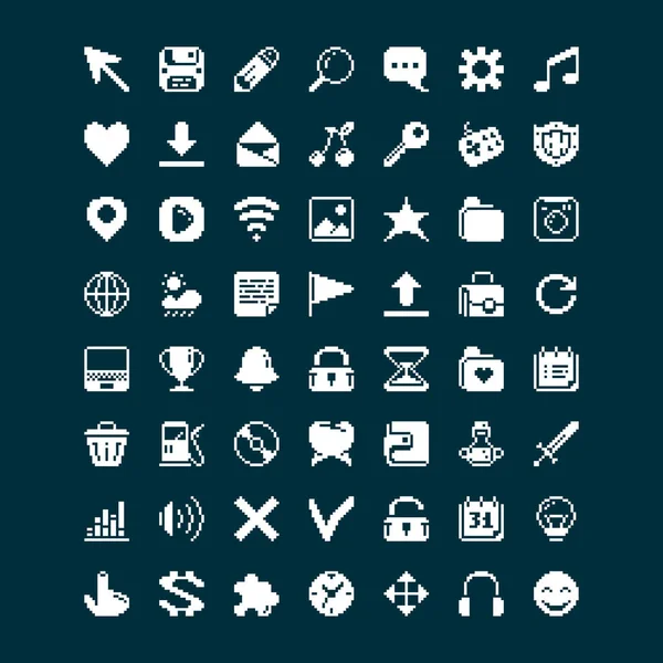Black and white simple vector 1 bit pixel art set of different icons for mobile applications or websites in the style of old arcade games