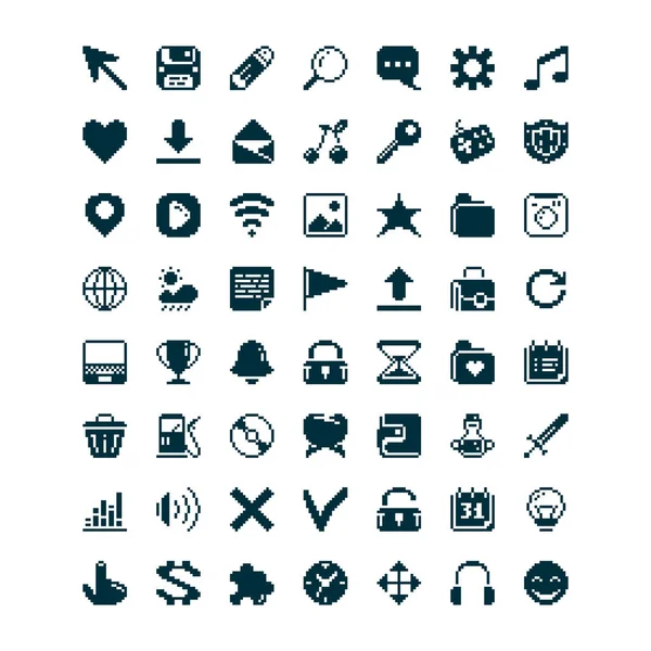 Black White Simple Vector Bit Pixel Art Set Different Icons — Wektor stockowy