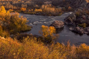 Hızlı akan nehir manzarası ve sabahın erken saatlerinde sonbahar ağaçlarında kıyılar. Güney Böcek Nehri. Ukrayna Ulusal Parkı Bugsky Gard.