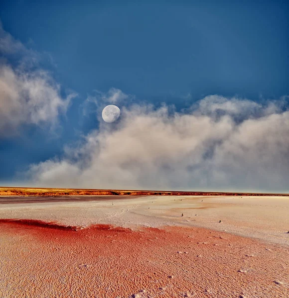Een Zoute Roze Meer Een Enorme Maan Aan Hemel Fantastisch — Stockfoto