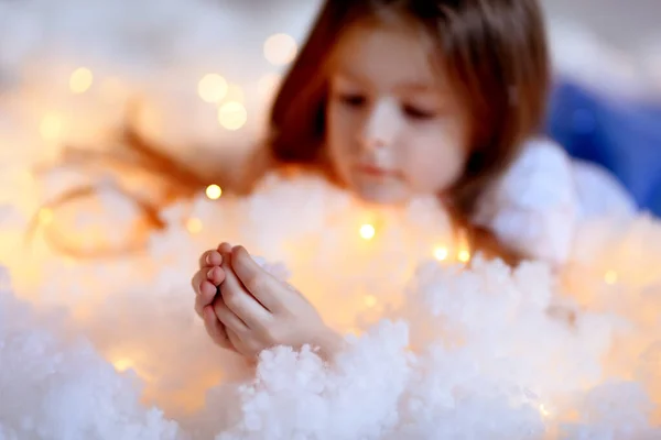 Girl Hands Holding Fluff Selective Focus Hands Child Face Out Stock Image