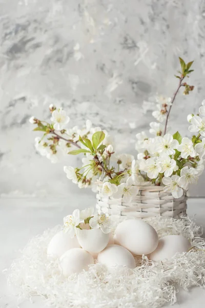 Osterstillleben Sanften Pastellfarben Eier Weidenkorb Kirschblütenzweige Auf Weißem Holzgrund — Stockfoto