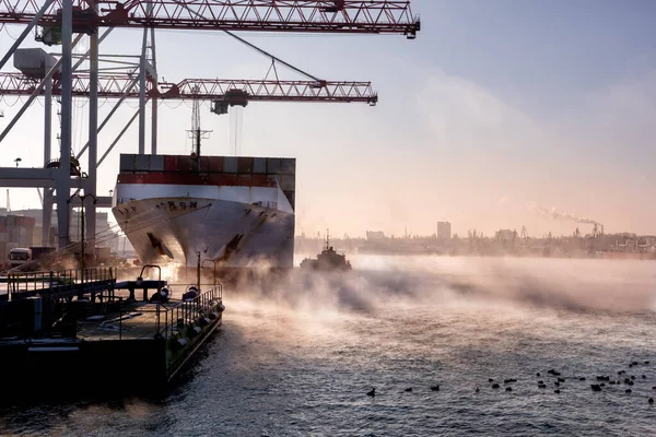 Vrachtcontainers Het Schip Laden Zee Mist Het Vrachtcomplex Haven — Stockfoto