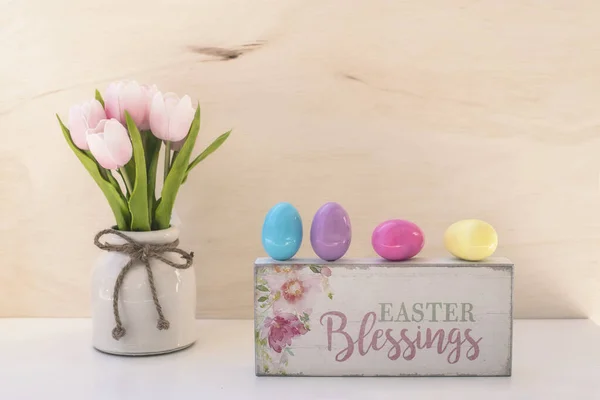 Easter Background Wooden Plaque Inscription English Easter Blessing Bright Colored — Stock Photo, Image