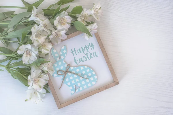 Wooden Frame Easter Bunny Inscription Happy Easter Delicate Flowers — Stock Photo, Image