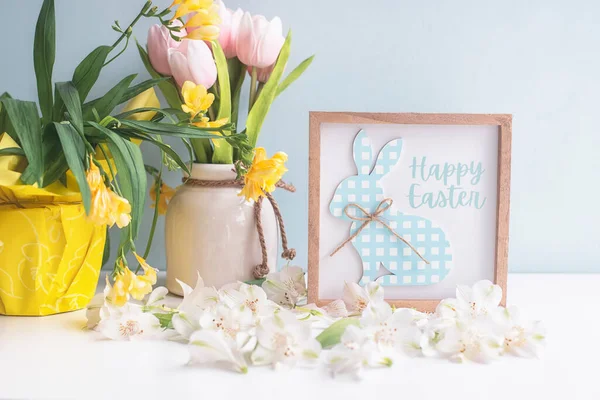 Delicate Easter Background White Flowers Petals Colored Macaroons Frame Bunny — Stock Photo, Image