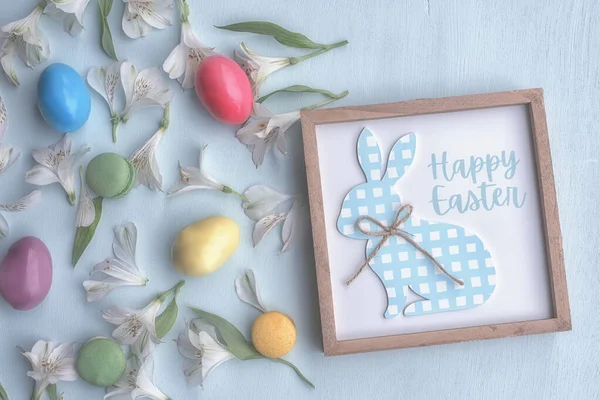 Delicate Easter Background White Flowers Petals Colored Macaroons Frame Bunny — Stock Photo, Image
