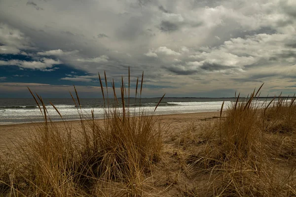 砂の上に野生の草と海の海岸と劇的な空 アメリカだ ポートランドだ メイン州 — ストック写真