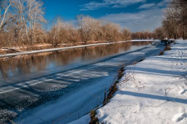 Melting ice on the river in early spring. Landscape of early spring.