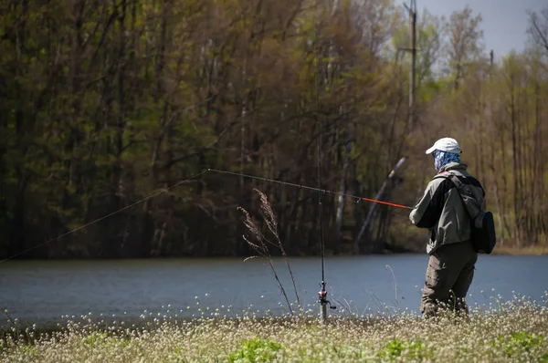 Fisherman Spinning His Hand Close Early Morning Pond Atmosphere Hobbyist — Stock Photo, Image